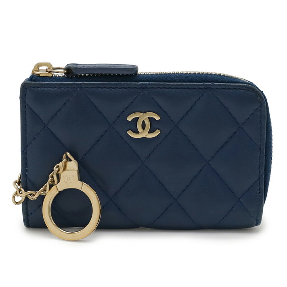 CHANEL Authentic Blue Lambskin Leather Logo Wallet